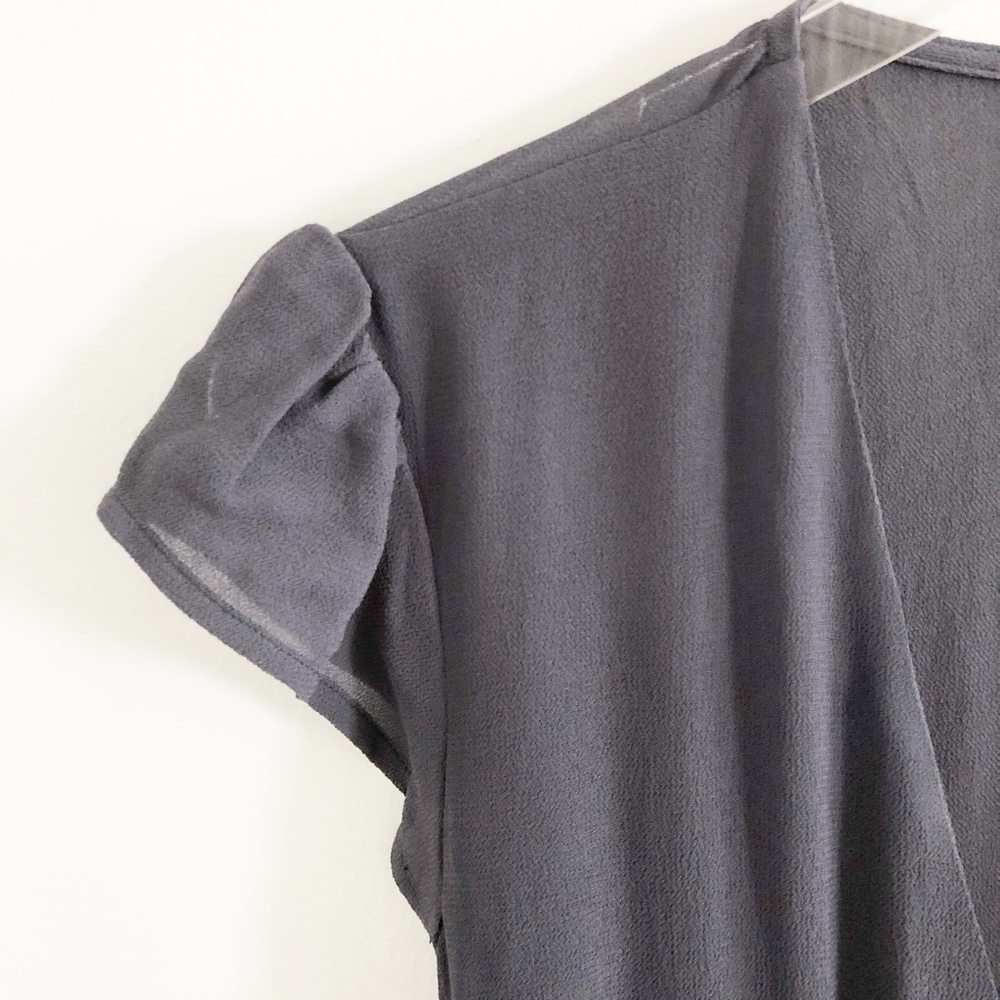 reformation • mollie blue indigo gray cap sleeve tie wrap midi fit flare dress - Picture 8 of 8